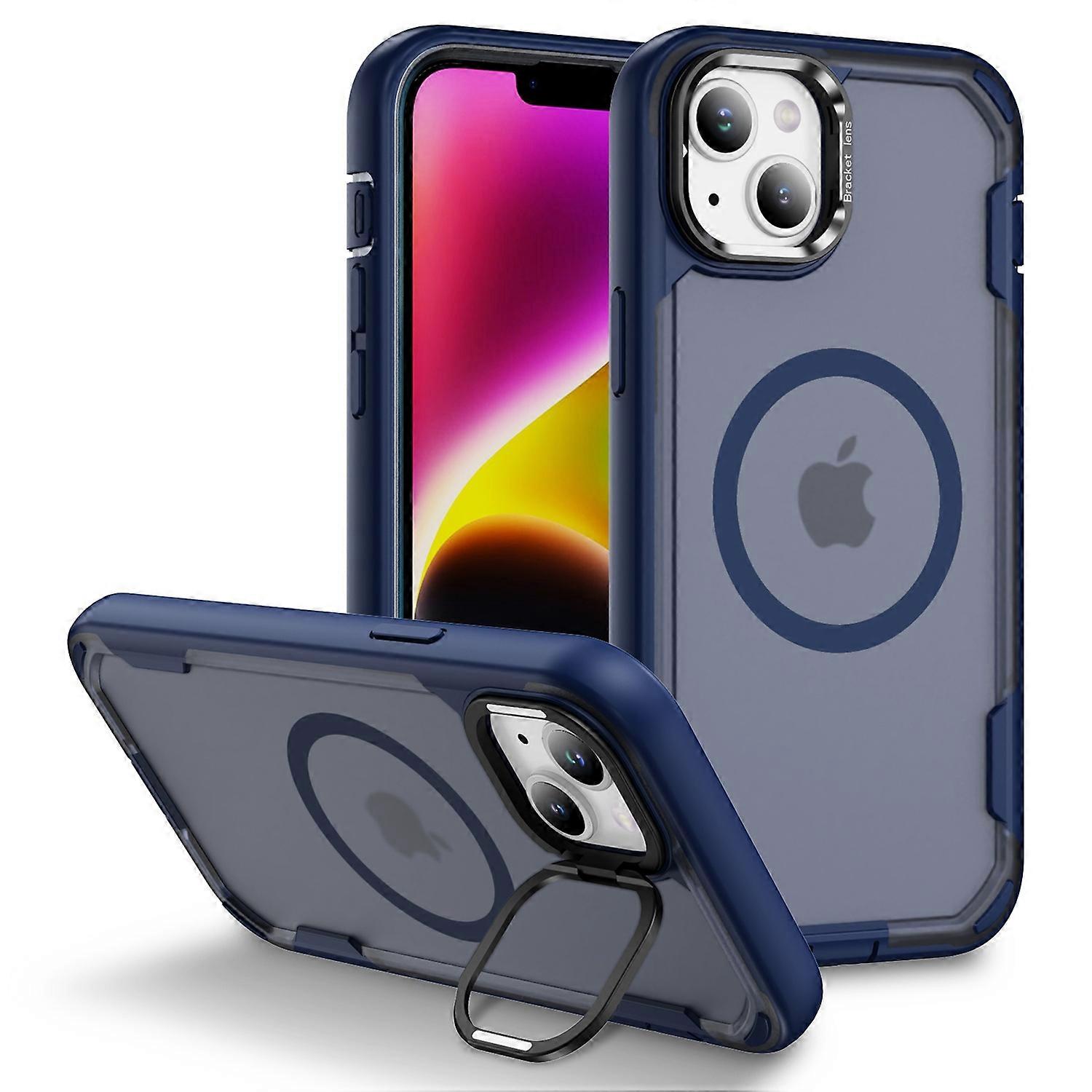 For iPhone 15 Plus 14 Plus Case Compatible with MagSafe Lens Frame Kickstand TPU + PC Shockproof Pho