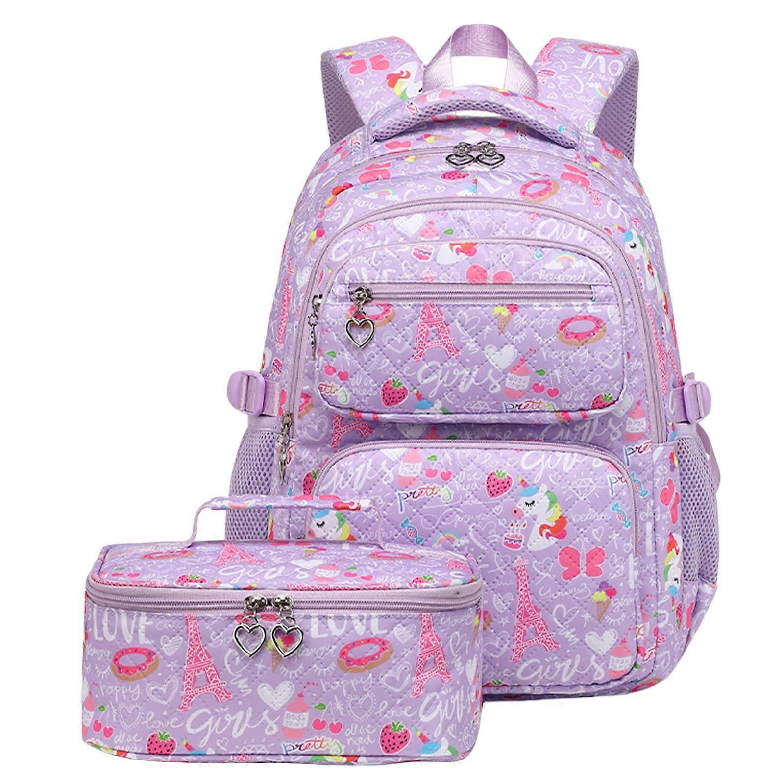 2pcs Large Capacity Backpack with Lunch Bag Set Functional School Bag Elementary Student Casual Daypack Rucksacks  Purple