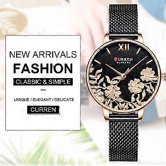 CURREN 9065 Elegant Exquisite Casual Business Quartz Women Watch Sakura Flower Embossed Ultra Thin Slim Simple Wrist Watch 3ATM Waterproof Wristwatch