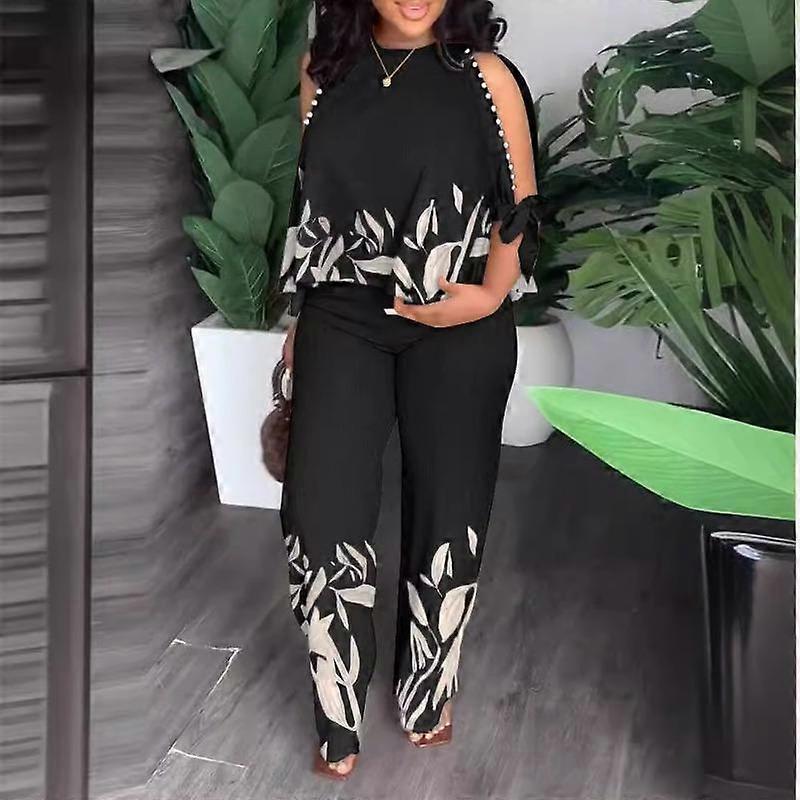 Women's Plus Size Top and Trousers Set Beaded Printed Two Piece Suit Summer