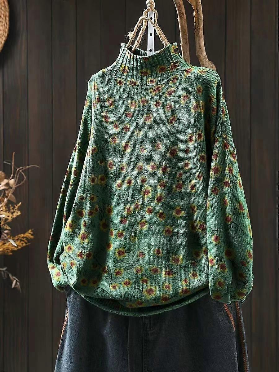 Johnature Woman Winter Print Loose Lazy Long Sleeves Sweater Chinese Style Personality Casual Mock Neck Sweater