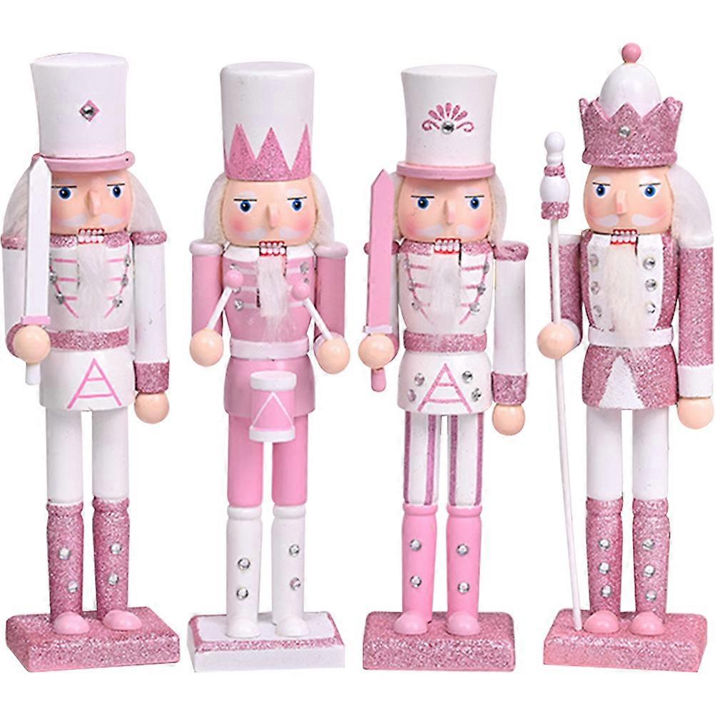 Wooden Nutcracker Ornaments Festive Christmas Holiday Tabletop Decor 4PCS Pink Xmas Home Craft Decoration