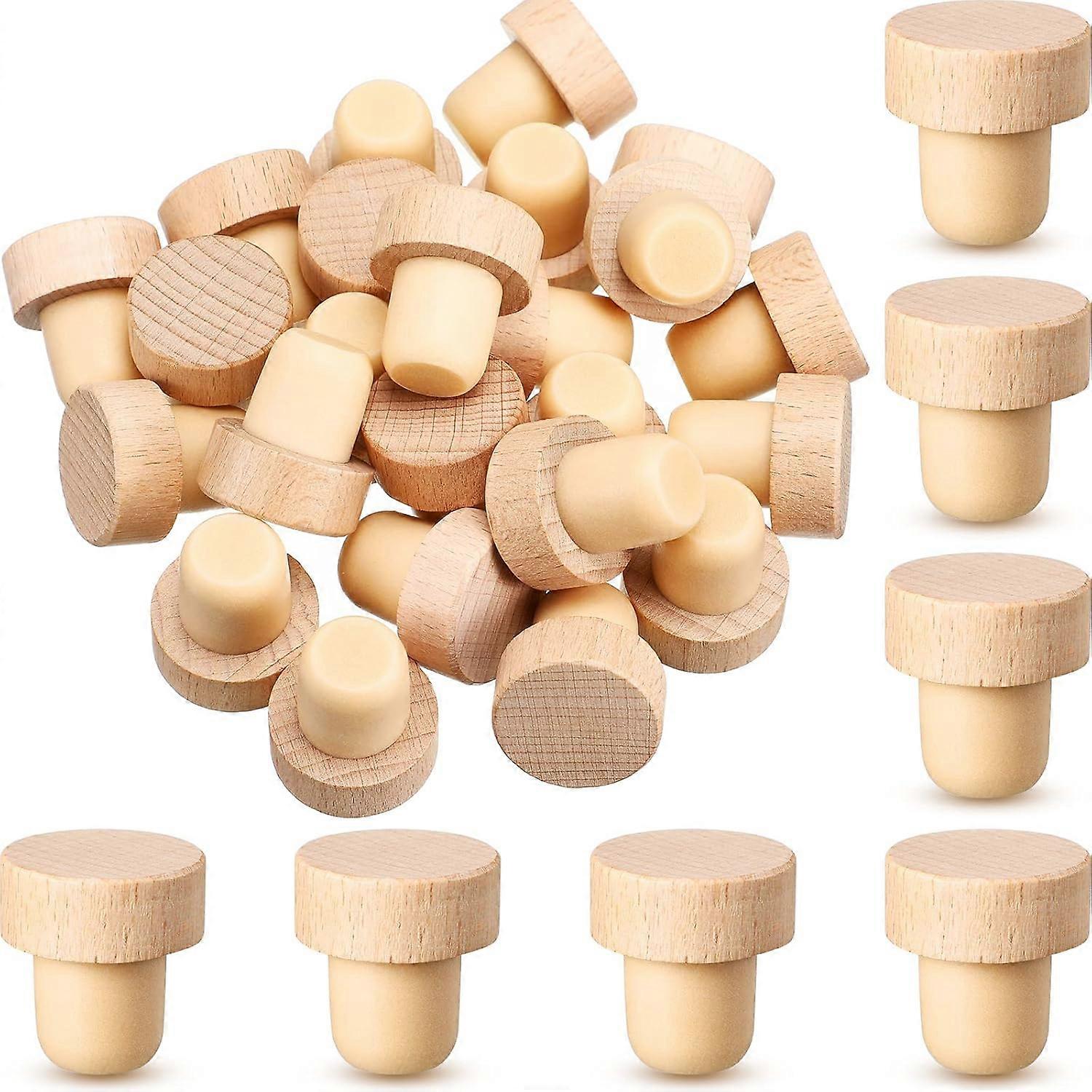 24 Pack Reusable T-Shaped Wine and Beer Bottle Stoppers, Wood and Rubber