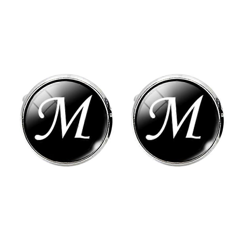 Glass Cuff-Link Sleeve Button Round English Letter Sleeve Button All-Match Decorative Collar Sleeves Button for Man (M Letter Pattern)