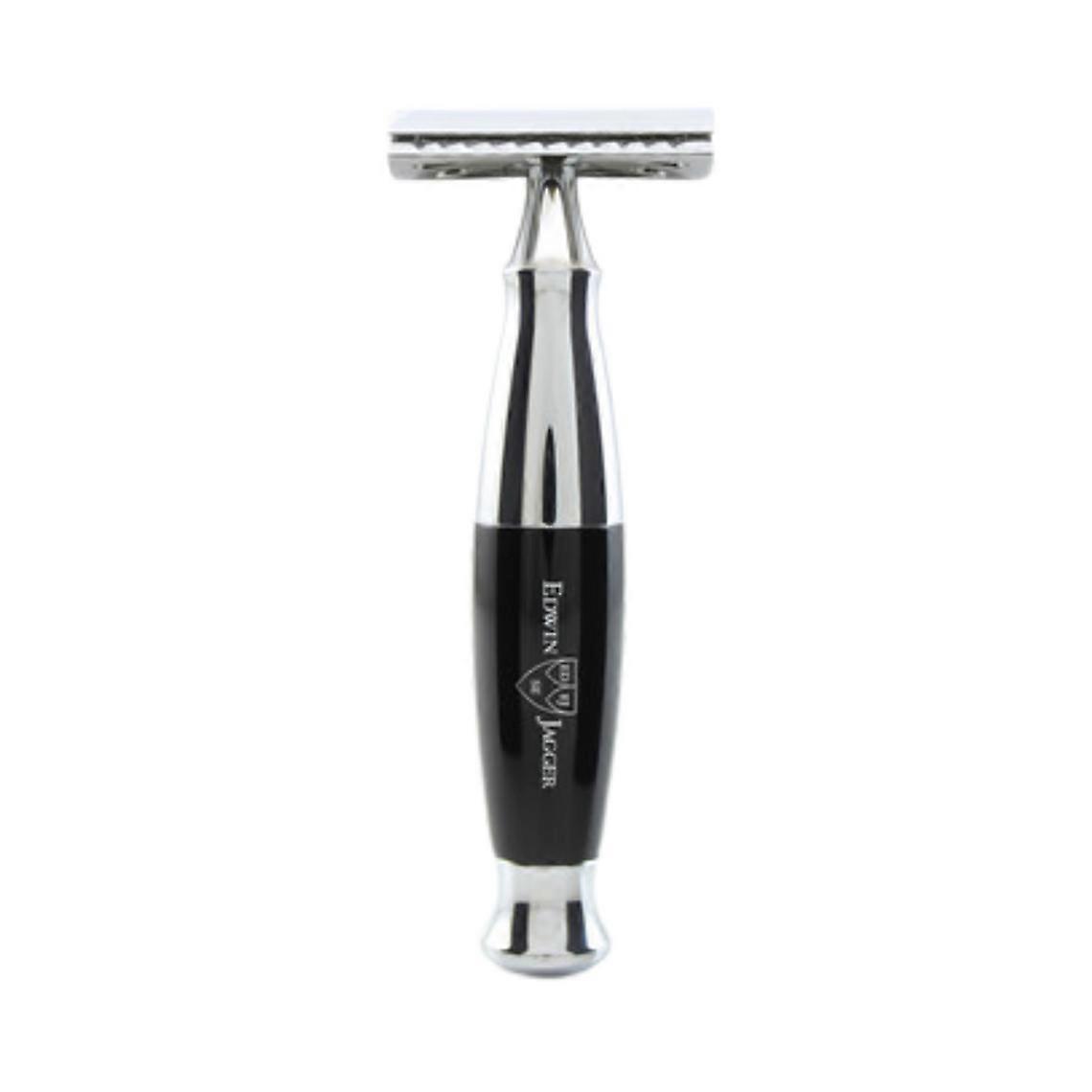 Kaksiteräinen partahöylä, jossa on kromattu ja eebenpuun jäljitelmä höyhenterällä