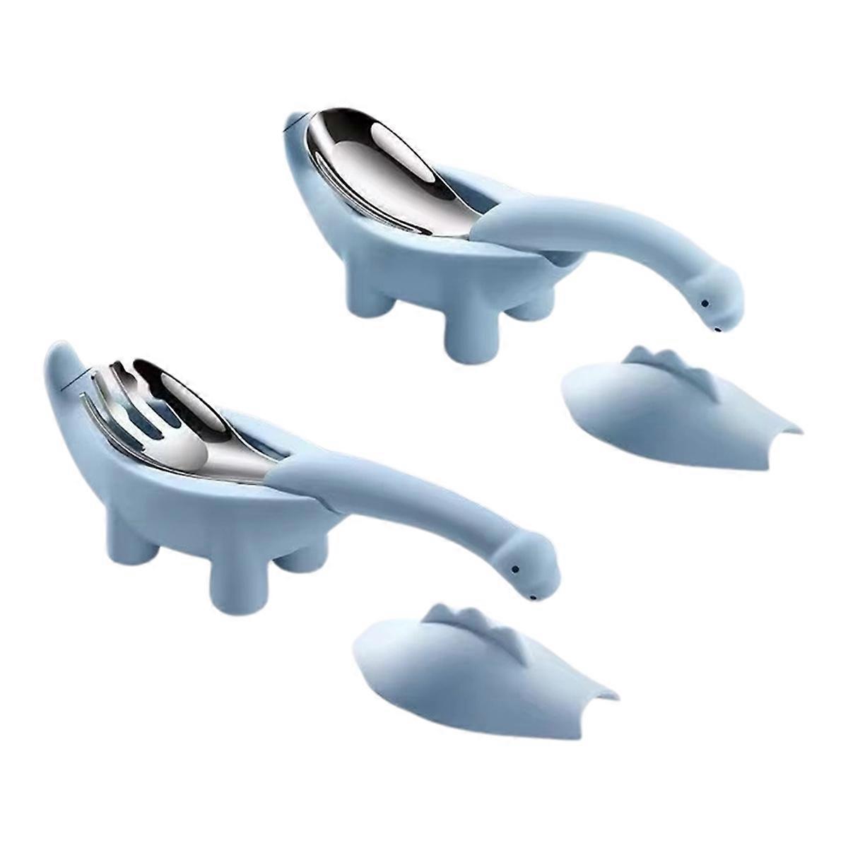 Dinosaur Shaped Infant Food Feeding Spoon Fork Child Baby Cartoon Stainless Steel Tableware Set Utensil Blue