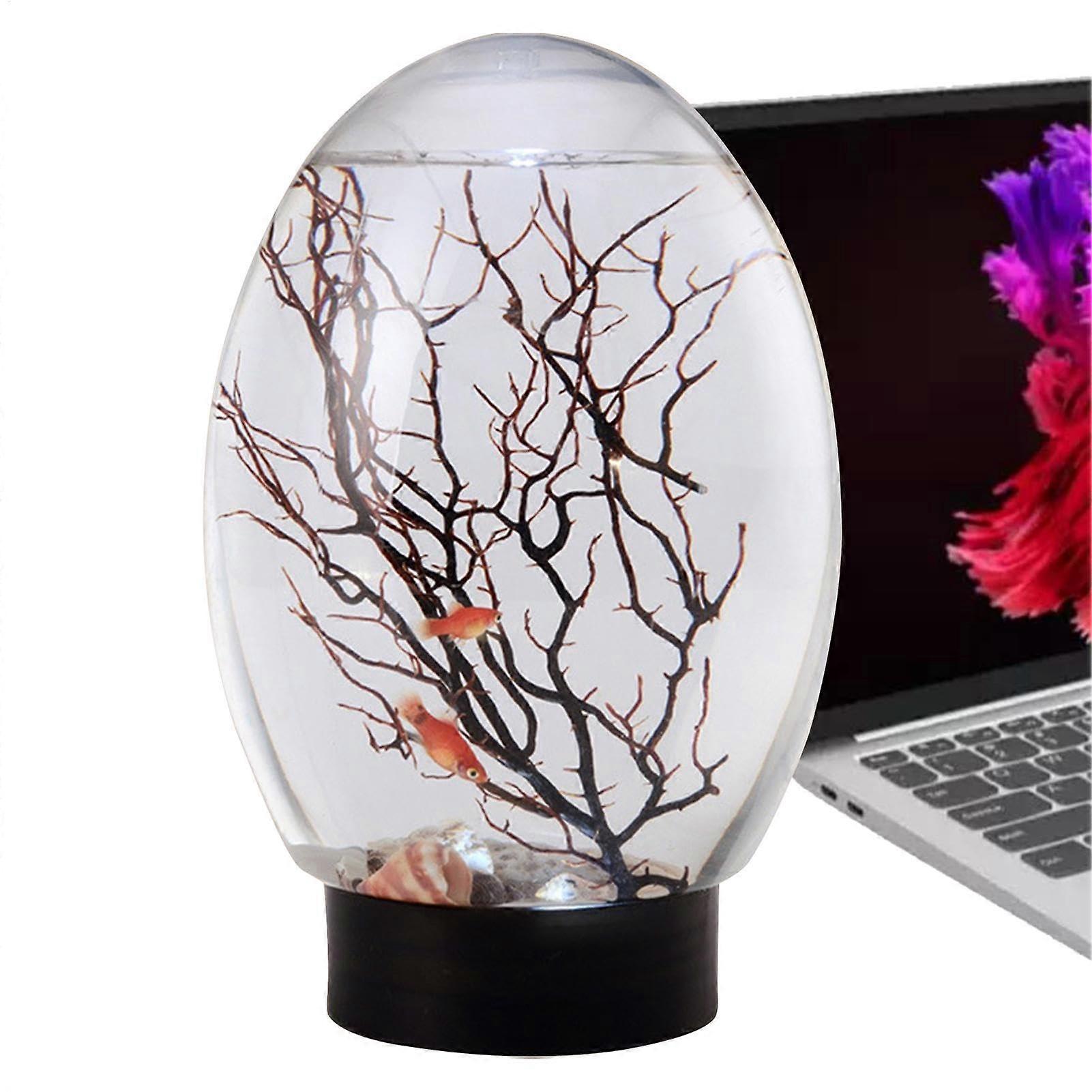 Desktop Fish Tank Small Betta Tank with LED Light Portable Fan Branch, Tree Decoration, Aquaponic Planter for Home, Studio