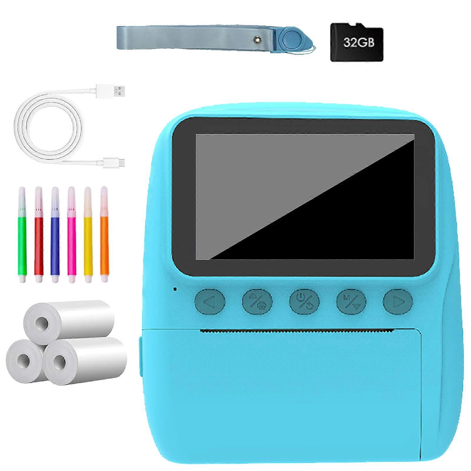 Instantly Print Camera For Kids With 32GB Card Coloring Pen 1080P Retro Design For Ages 3-12 Durability& Safe Materials  Sky blue