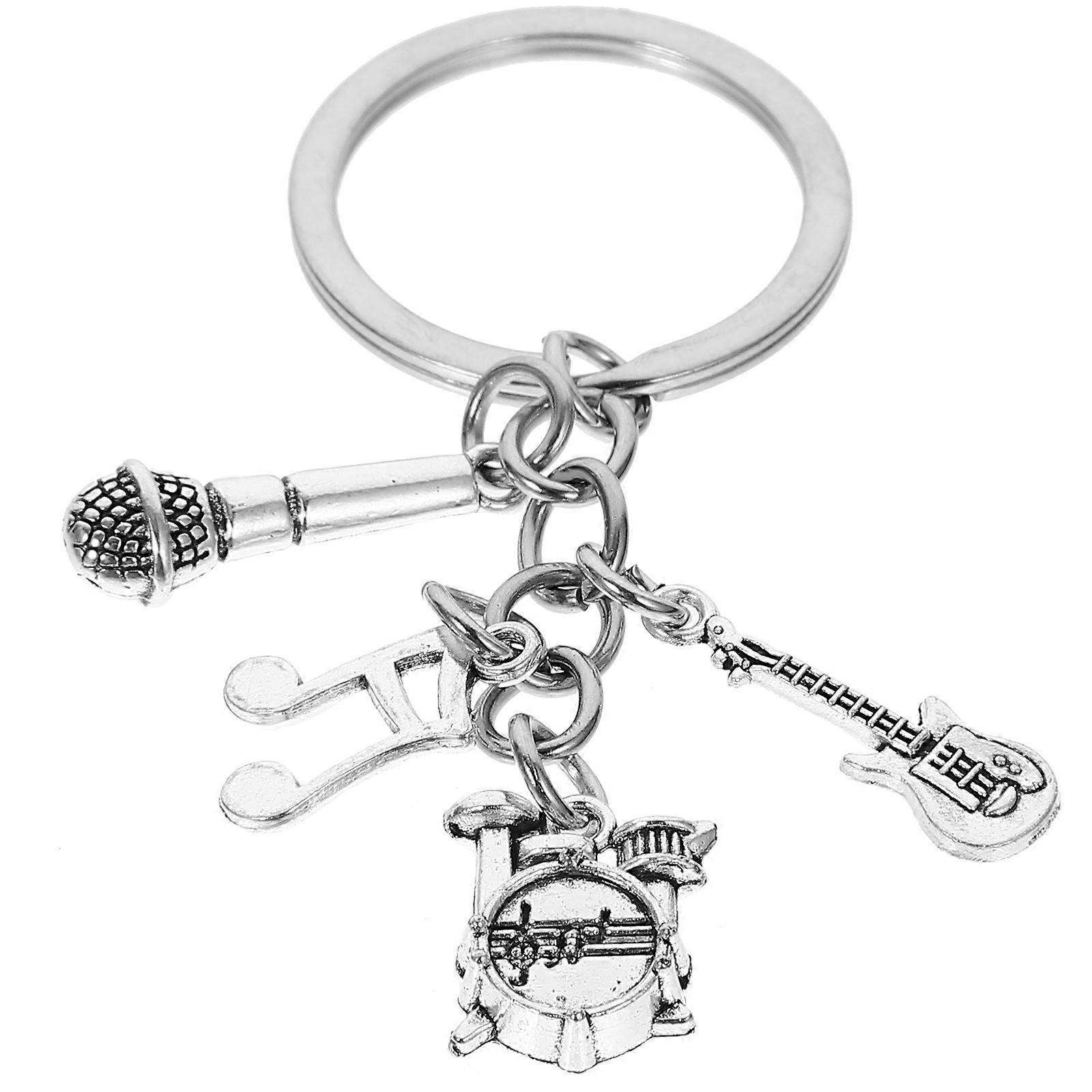 Silver Alloy Music Theme Keychain with Mini Bass Guitar Microphone and Drum Set for Decor