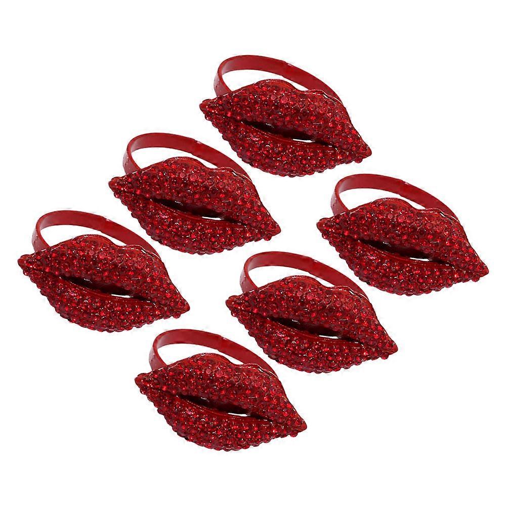 Bling Rhinestone Napkin Rings Red Lip Shape Romantic Dining Table Accessory 6Pcs