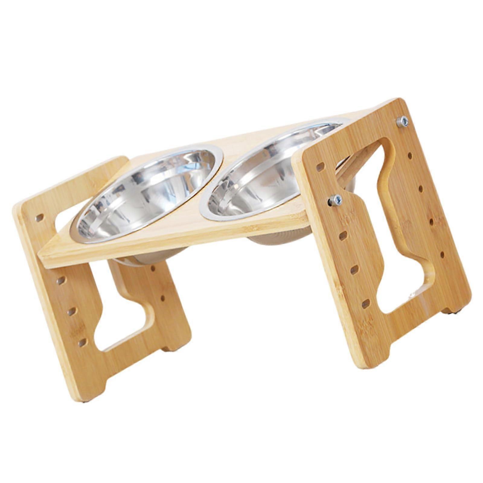 Adjustable Height Pet Food Bowl with Removable Stainless Steel Bowls, NonSlip Wood Base Ref: 8723