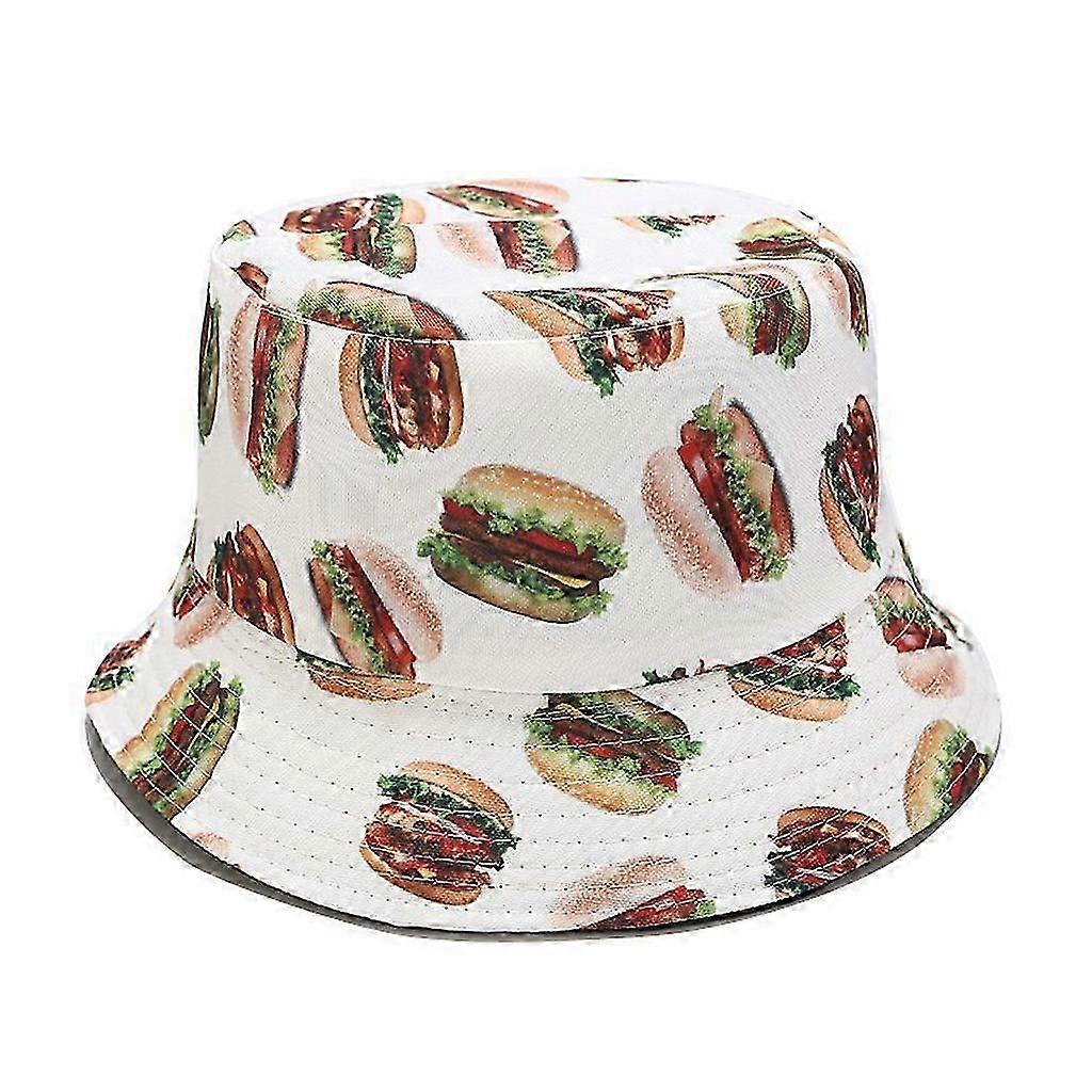 Unisex Çift Taraflı Geri Dönüşümlü Kova Şapka Karikatür Suşi Hamburger Gıda 3D Dijital Baskı Geniş Kenarlı Paketlenebilir Balıkçı Şapkası beyaz