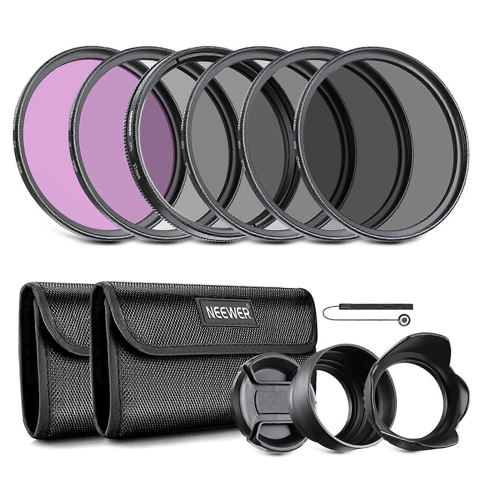 37 mm Lens Filter Set with UV CPL FLD ND2 ND4 ND8 Filters Lens Hood and Cap for Canon Nikon Sony Panasonic DSLR Cameras