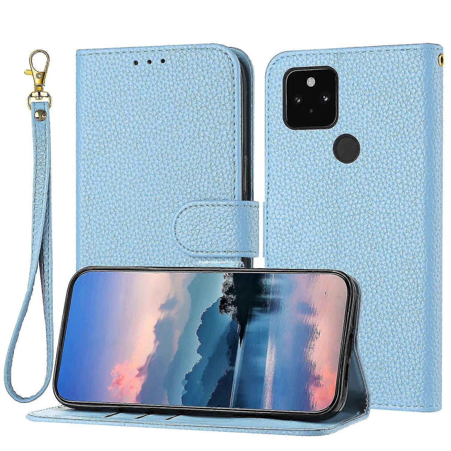 For Google Pixel 5 Case, Litchi Grain PU Leather Folio Cover Magnetic Closure Flip Wallet Card Slots Stand Case With Hand Strap,Brown