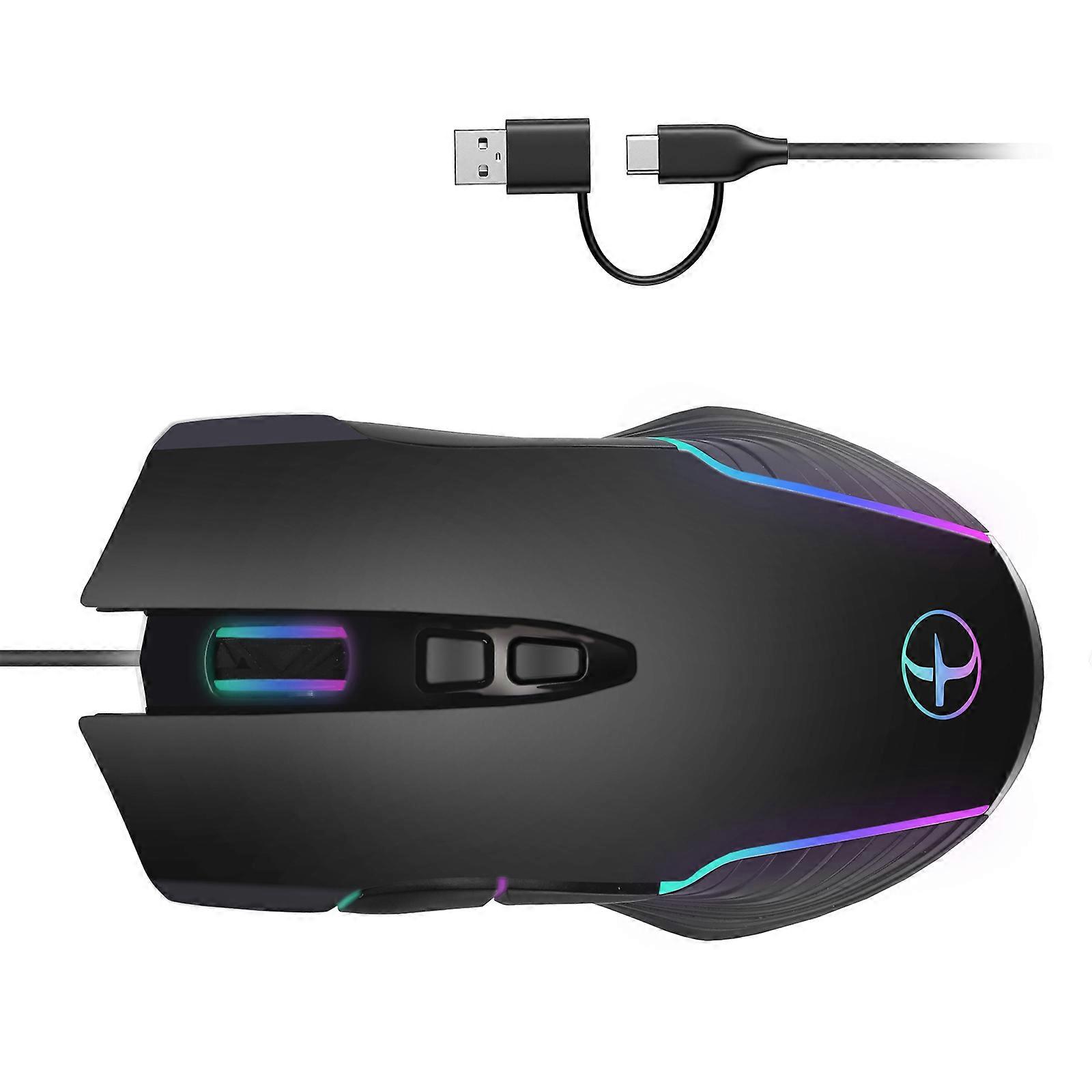 USB C A Corded Ergonomic Mouse Color Lighting Computer Jiggler Mode 7200DPI Adjustment For PC Laptop Tablets Multicolor