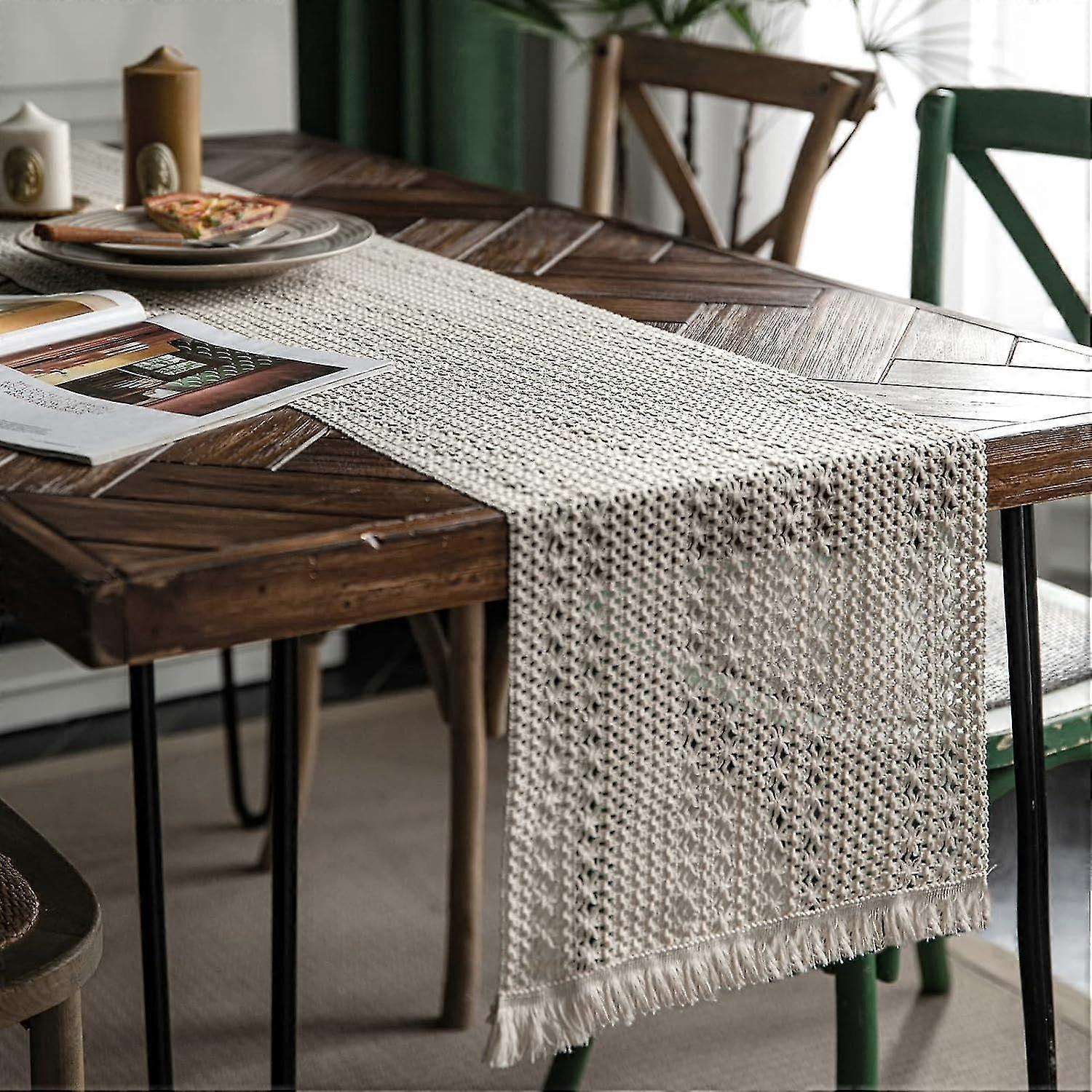 Table Runner Cream Beige Rustic Linen Table Runner with Tassels, 30 x 180 cm Hand Woven Cotton Table Runner Rustic Farmhouse Table Runner for Bohemian