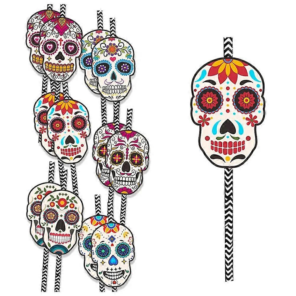 24PCS Halloween Paper Straw Day of the Dead Party Supplies