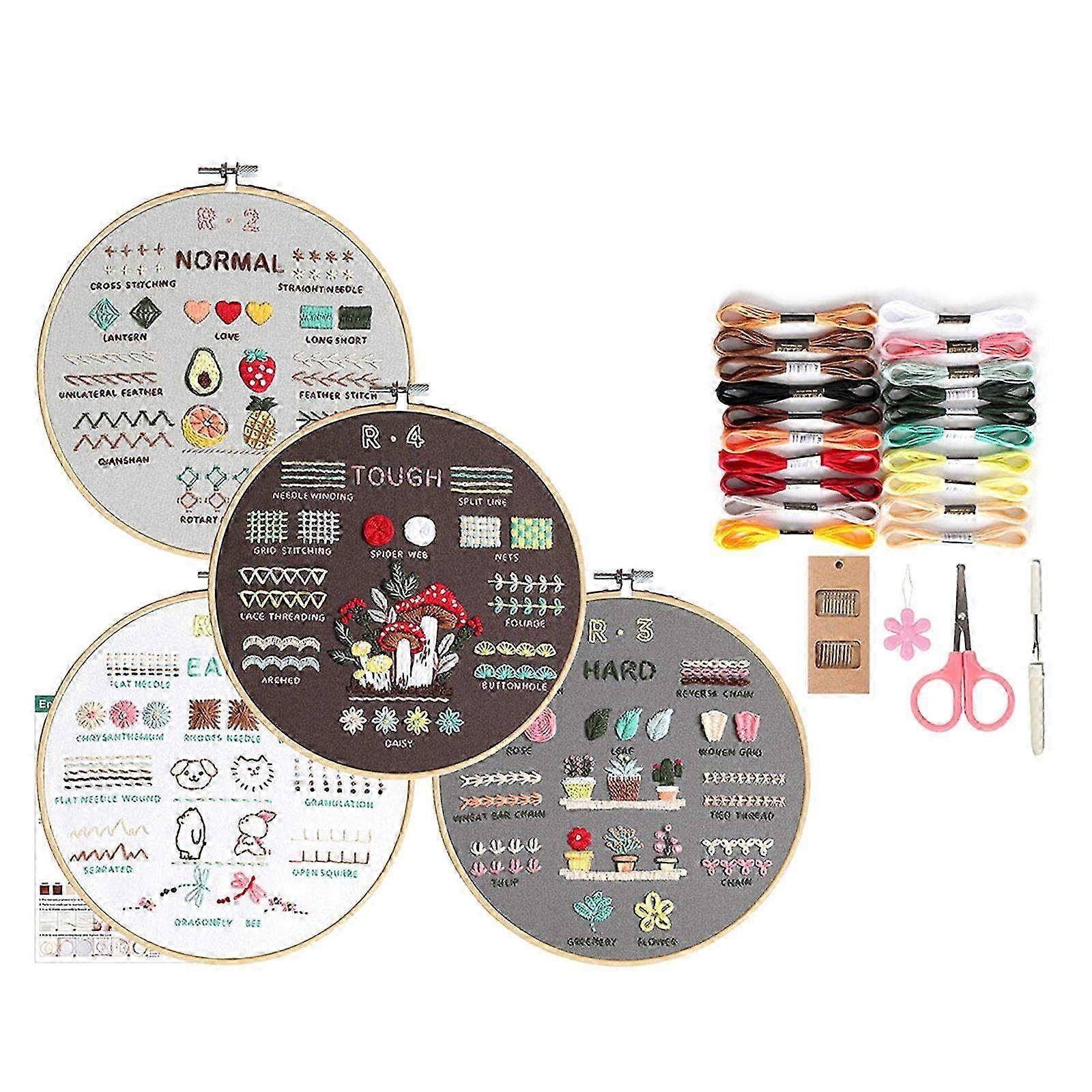 4Sets Beginner Embroidery Set Flower Embroidery Set for Adult with Instruction Pattern Hoop Thread Scissors and Needle Multicolor Cs