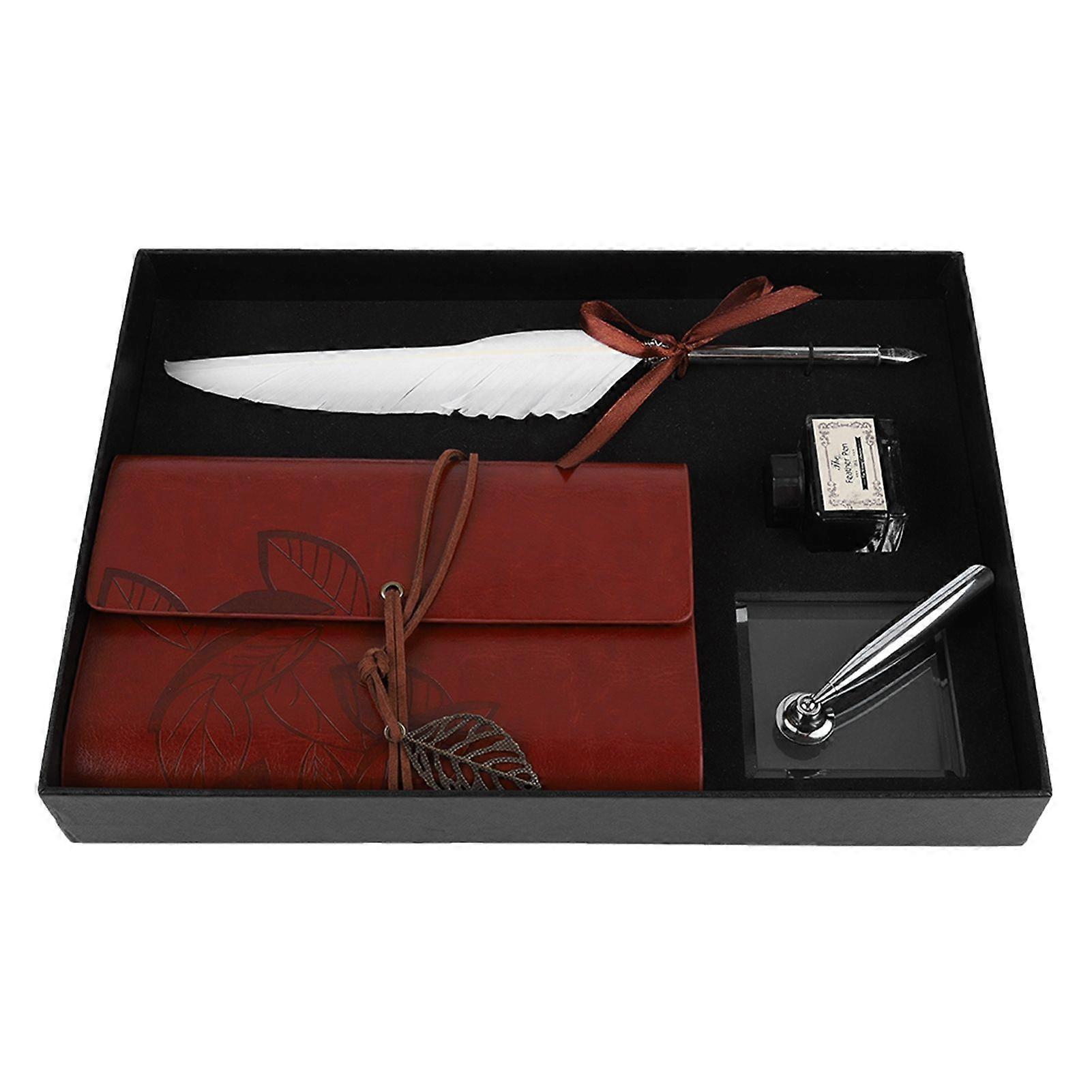 Retro lederen notebook vulpen veer dip pen inktfles set briefpapier geschenkdoos wit