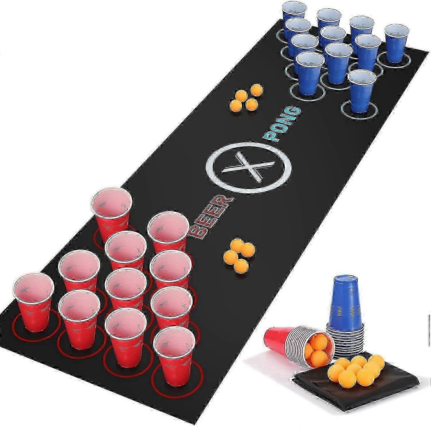 Yeuligo 71 23in Beer Pong Table Mat, Beer Pong Set for Drinking Games, 14 Beer Pong Balls, 24 Reusable Plastic Beer Pong Cups, Party Festivals