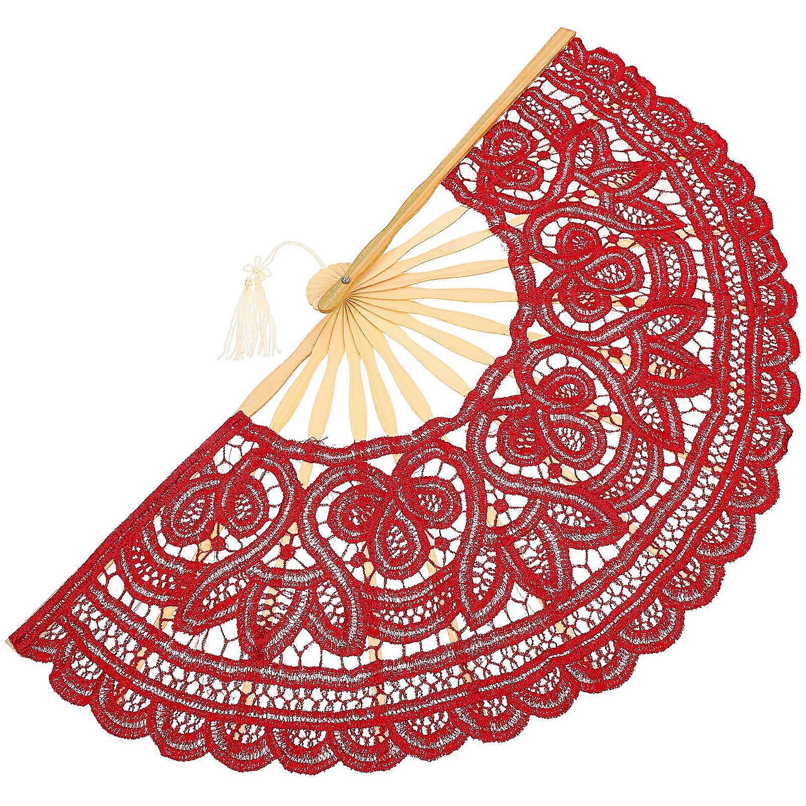 European Folding Fan for Performance Use 3Pcs Red Lace Hollow Out Fans