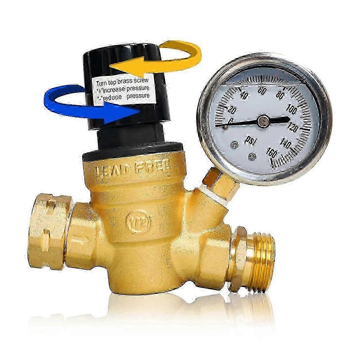 RV Water Pressure Regulator, Adjustable Handle Brass Water Pressure Regulator with Gauge and Inlet Screen Filter for RV