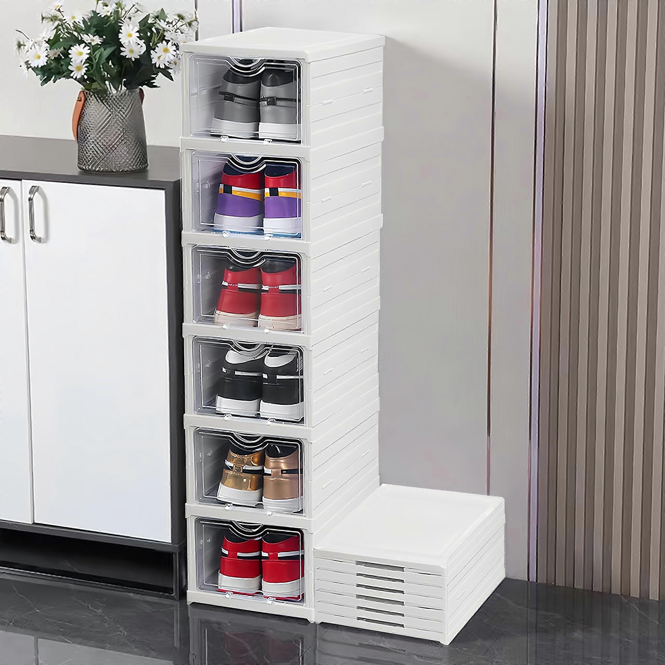 Shoe Storage Organiser 6Tier Stackable Collapsible Plastic Shoe Boxes With Clear Lid White No Assembly