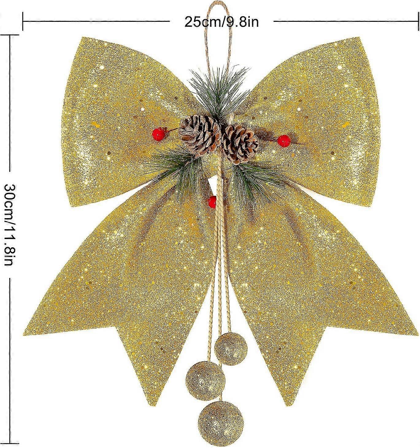 2pcsクリスマスの弓の飾り、金の花輪の弓、大きなクリスマスツリーの弓、スパンコールの蝶ネクタイ