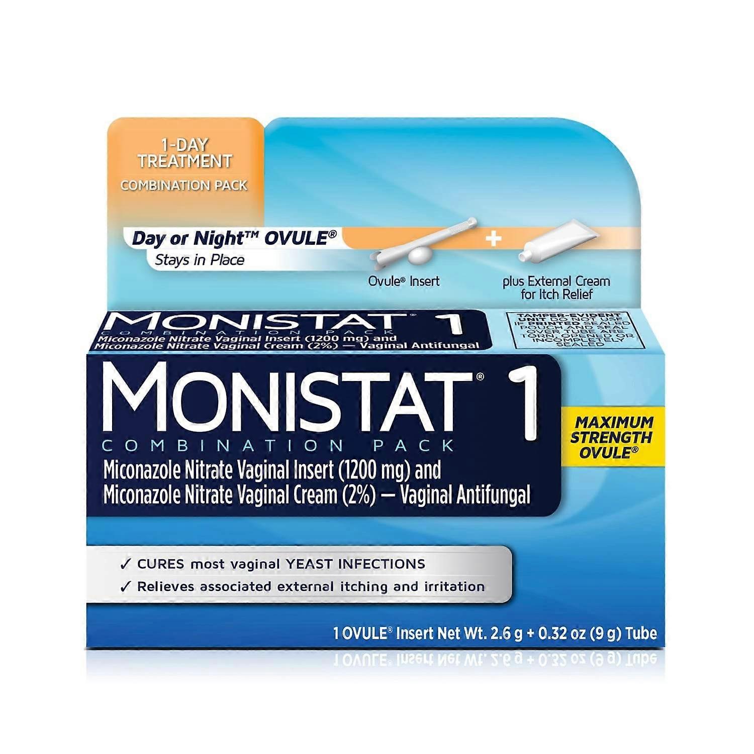 Monistat 1剂量酵母菌感染治疗，1胚珠插入物和1外部止痒霜，0.32盎司