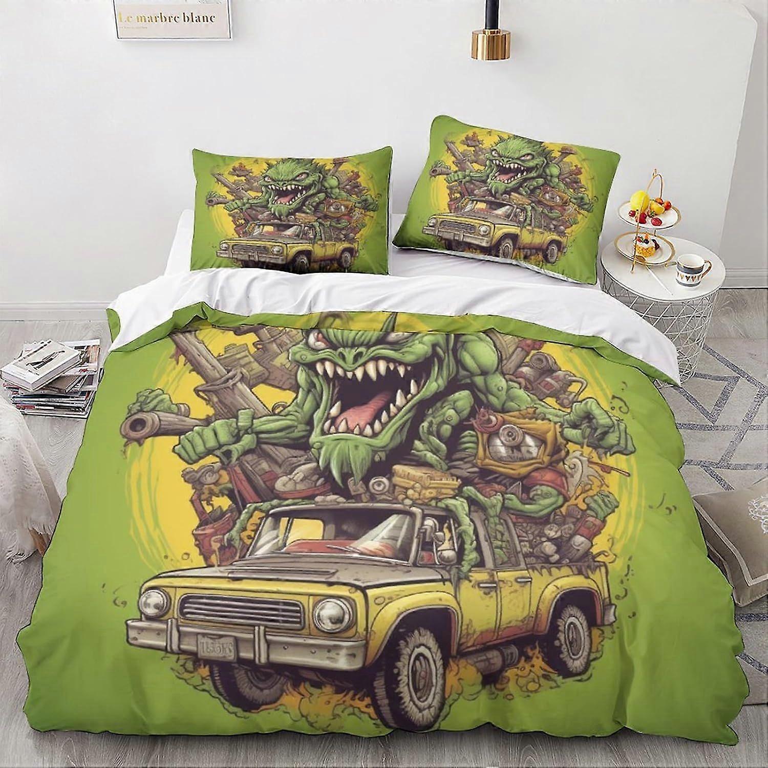 LikeEj monstros edredom capa 3D desenhos animados impresso roupa de cama Set 3Pcs Microfibra vintage carro colcha capa com zíper fechamento duplo