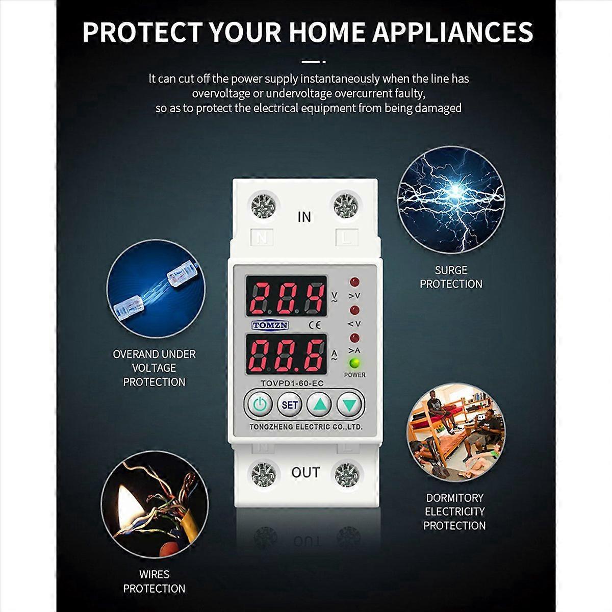 2X Din Rail Dual Display Adjustable Over Voltage Current and Under Voltage Protector Relay 40A 220V 
