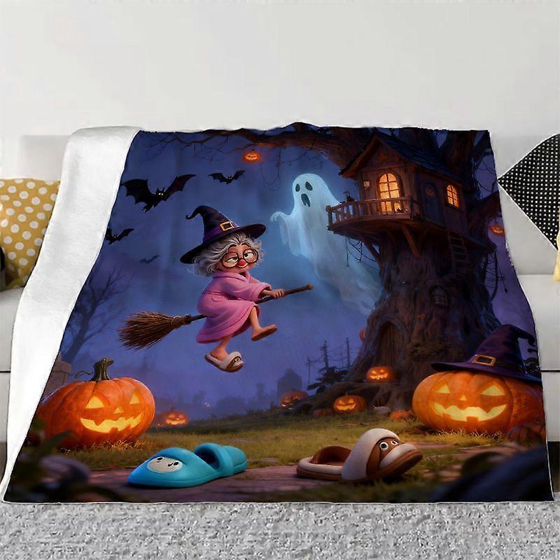 Witch Flying Warm Treehouse and Pumpkin Lantern Illustration Soft Blanket - Suitable for Sofa / Office / Bed / Travel, C-LKJAAS229