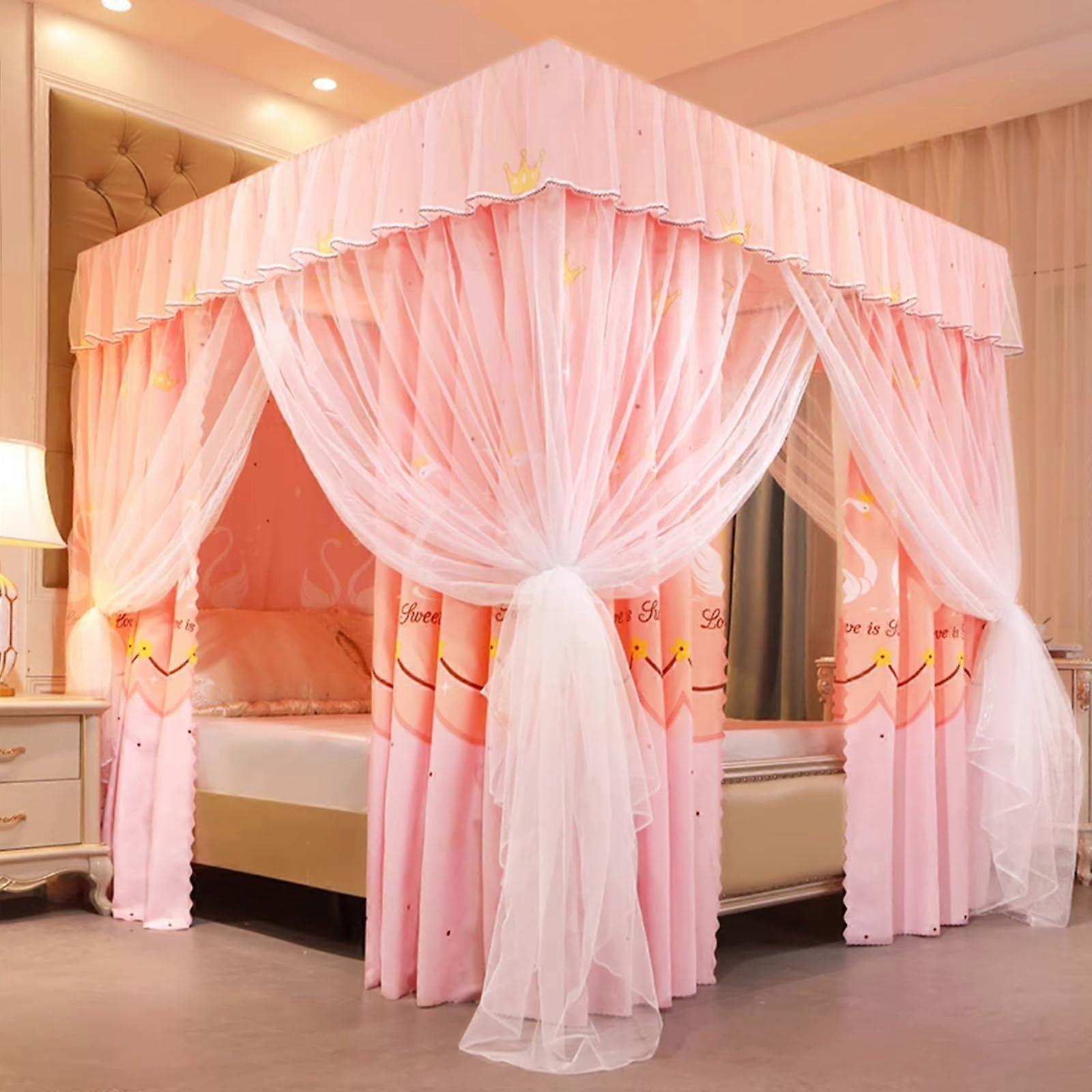 Mosquito Net Bed Canopy with Curtains, Queen King 4 Corner Double Layer Dustproof Windproof Cover