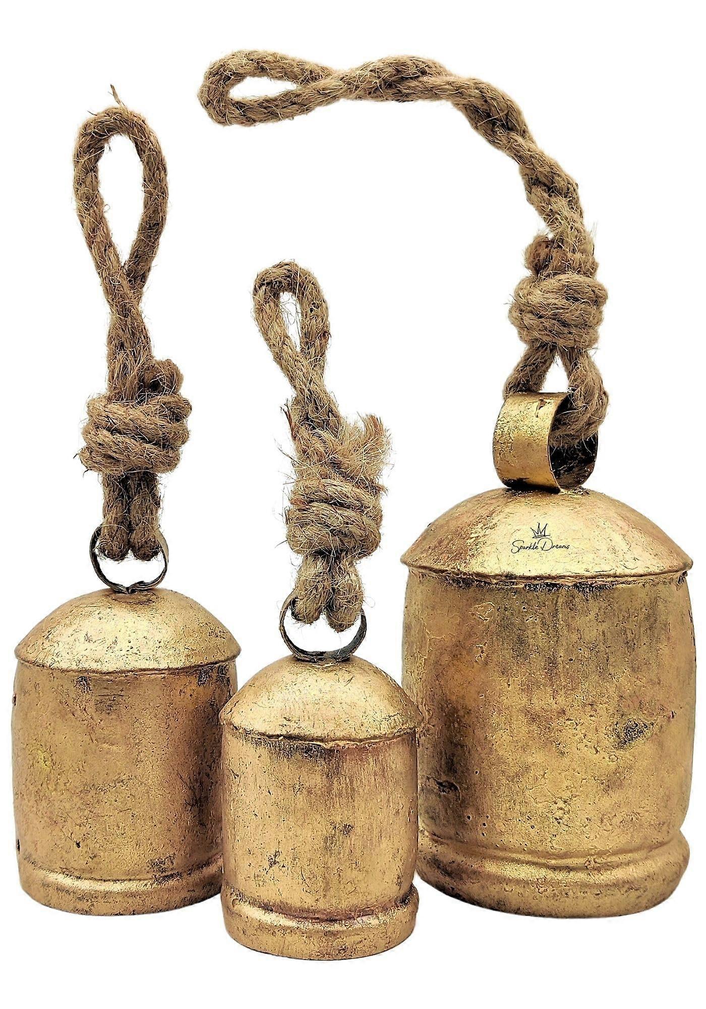 Rustic Hanging Bells Set of 3 Handmade Brass Cow Bells with FireBaked Patina for Home and Garden