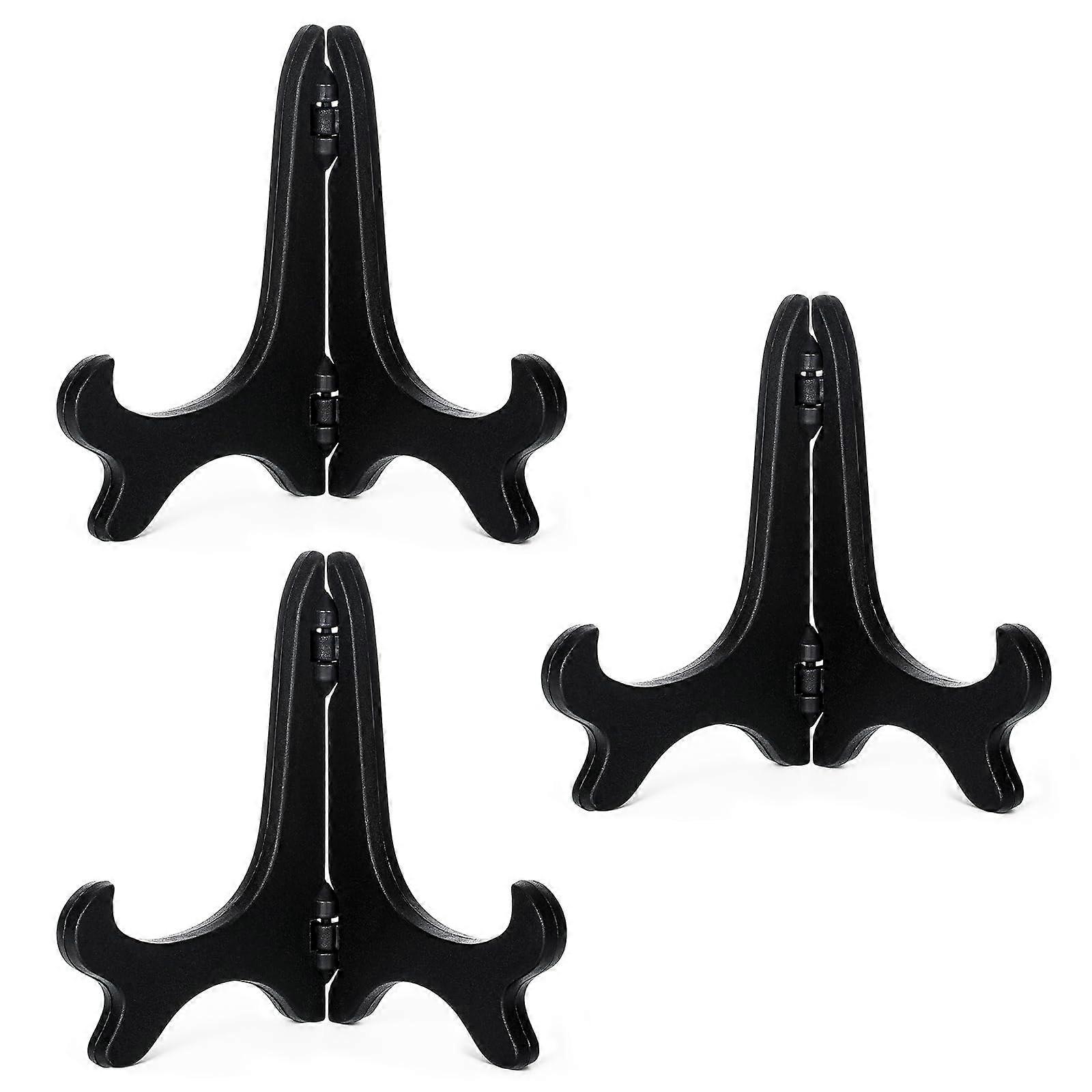 Set of 3 Black 4 Inch Folding Plate Display Stands, Woodlike Easel Holders for Photos, Books, Art