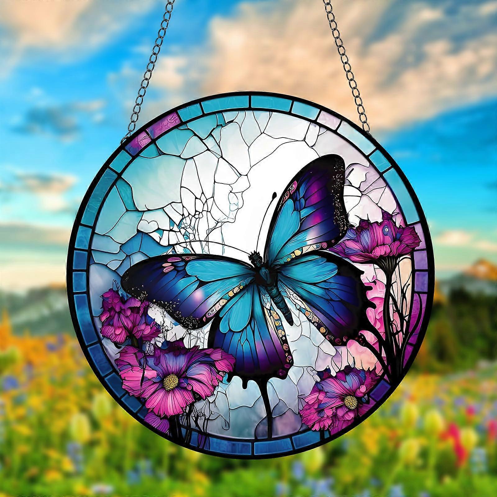 Butterfly Stained Acrylic Window Hanging Panel with TwoSided Design and Chain for Indoor Outdoor Decor