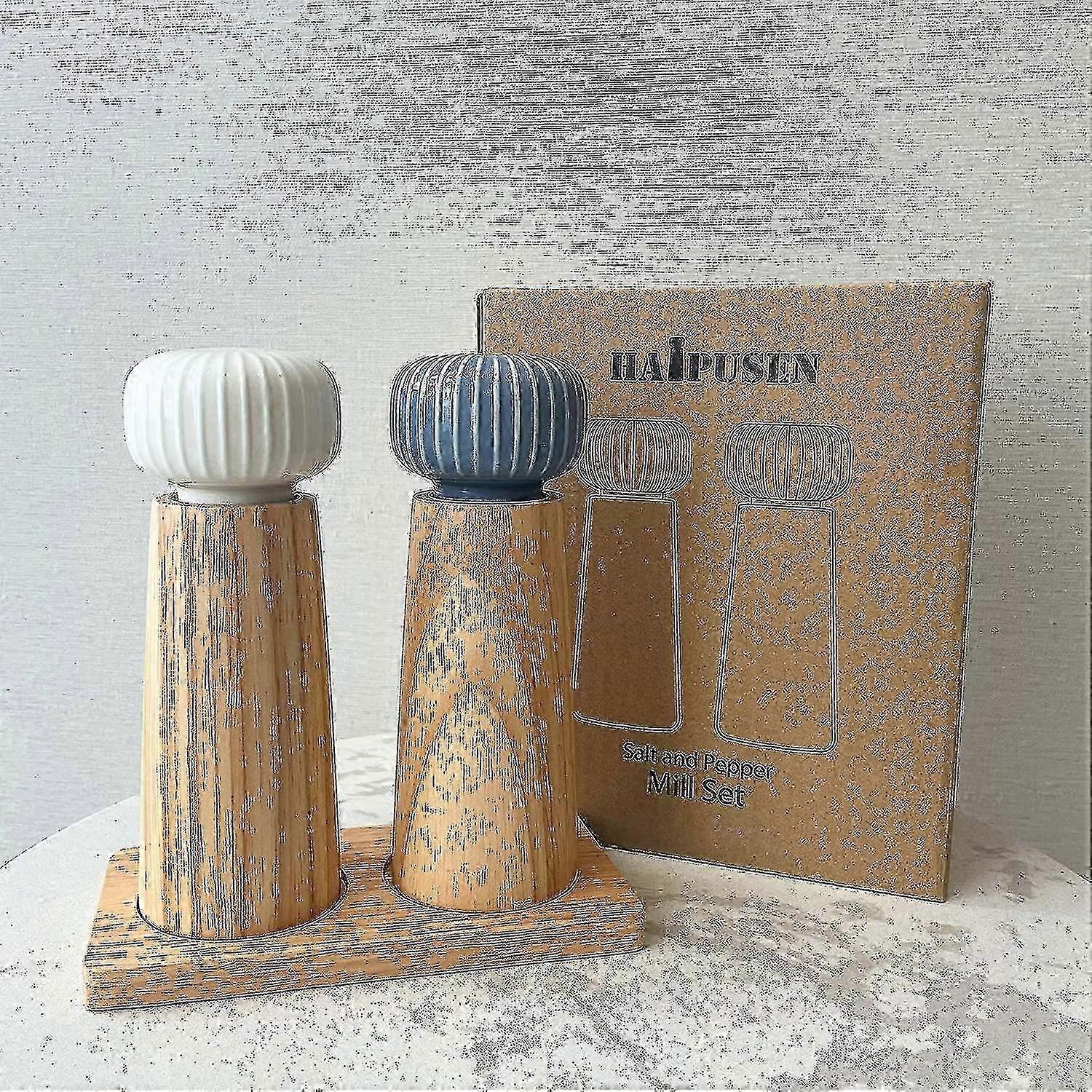 Wooden Pepper Mill Set with Ceramic Grinder and Serving Tray