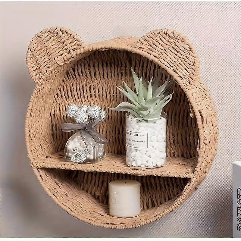 Boho Bear Shaped Nursery Wall Shelf Handmade Wicker Storage for Toys Books and Kids Room Khaki