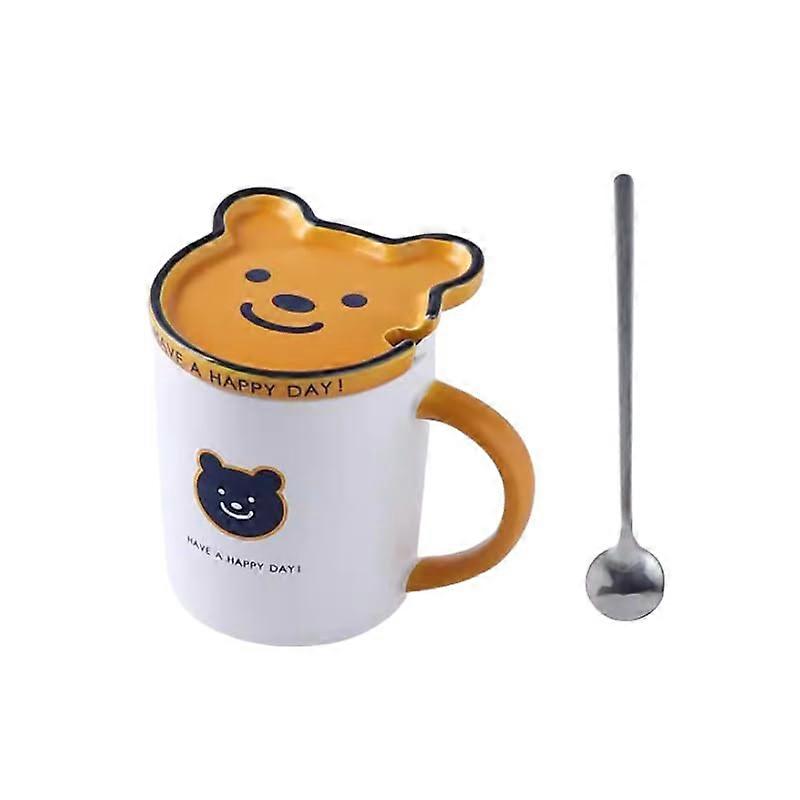 Coffee Mug with Lid and Spoon, Bear Pattern Ceramic Cup for Hot and Cold Drinks, Cute Gift