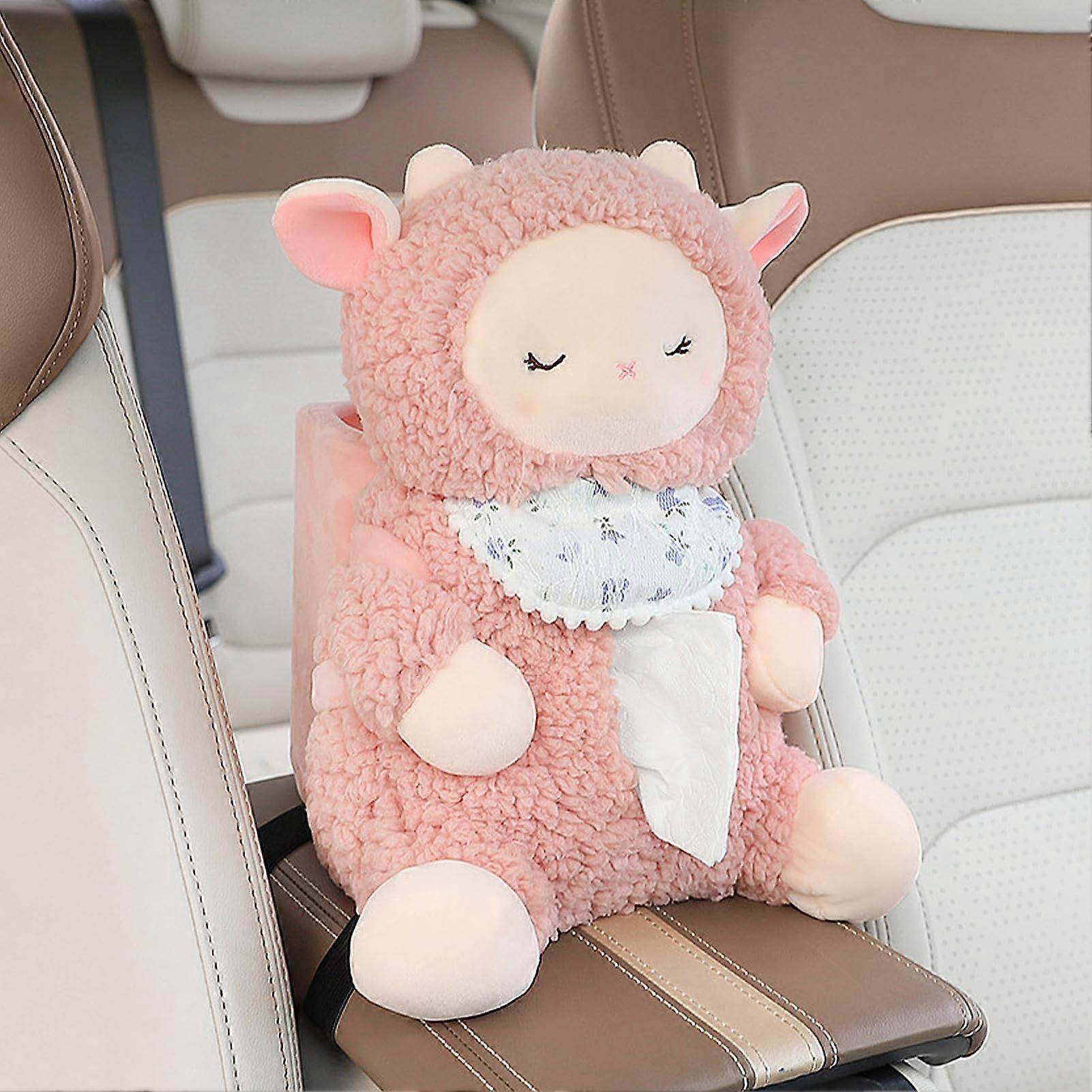 Cute Plush Car Tissue Holder with 2 in 1 Trash Bin, Cartoon Animal Dispenser for Car and Home