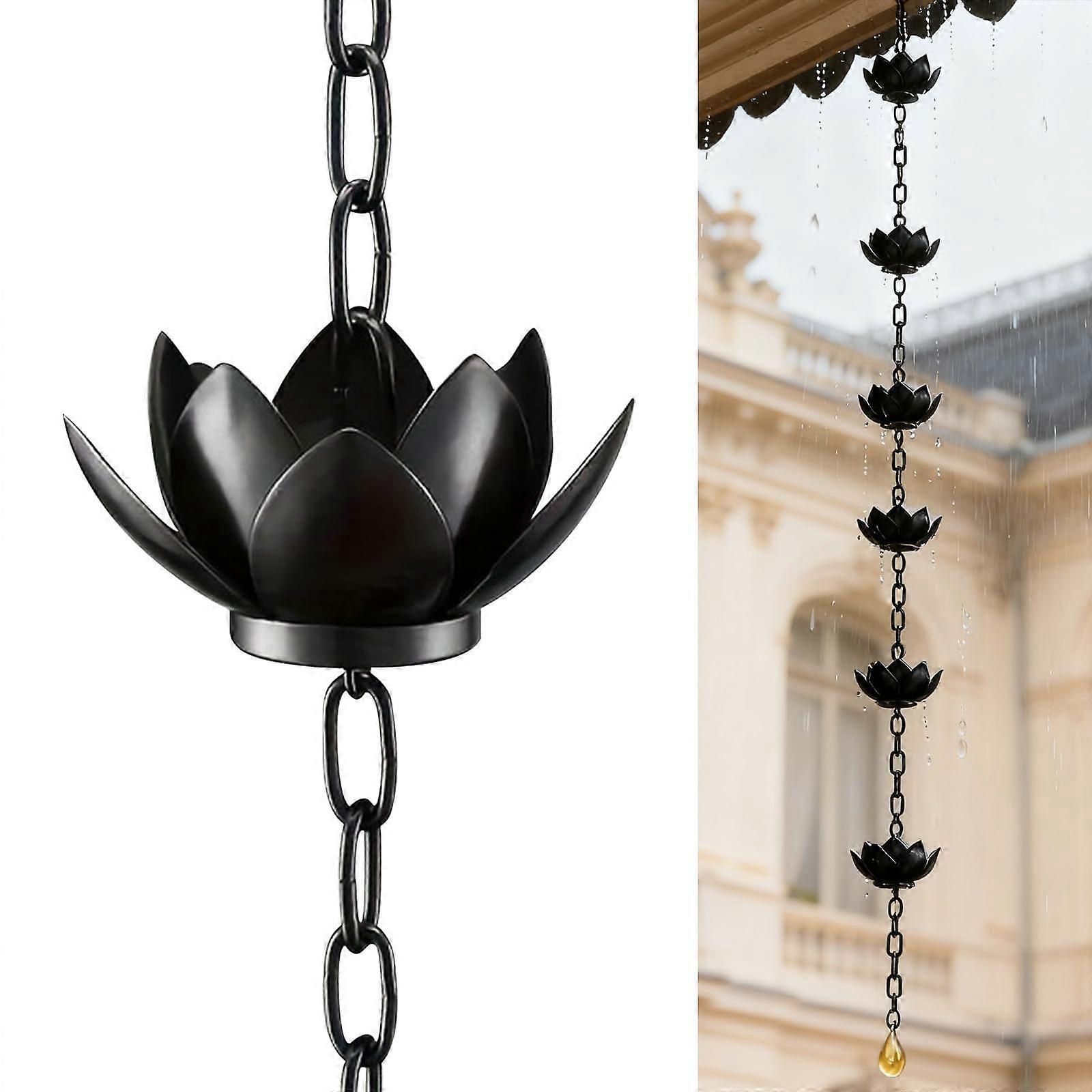 Lotus Rain Chain 3.93ft Black Iron Rust Resistant Gutter Decoration with Adjustable Cups