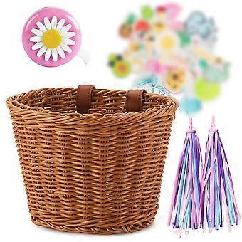 25-26 Kids Bike Basket Set Girl Bike Basket Handwoven Bike Baskets for Kids Children Cycling Baskets with Spare Leather Straps and Bell Easy