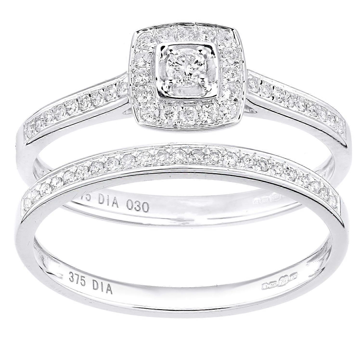 Jewelco London 9ct White Gold Round 0.3ct Diamond Bridal Set Engagement Ring