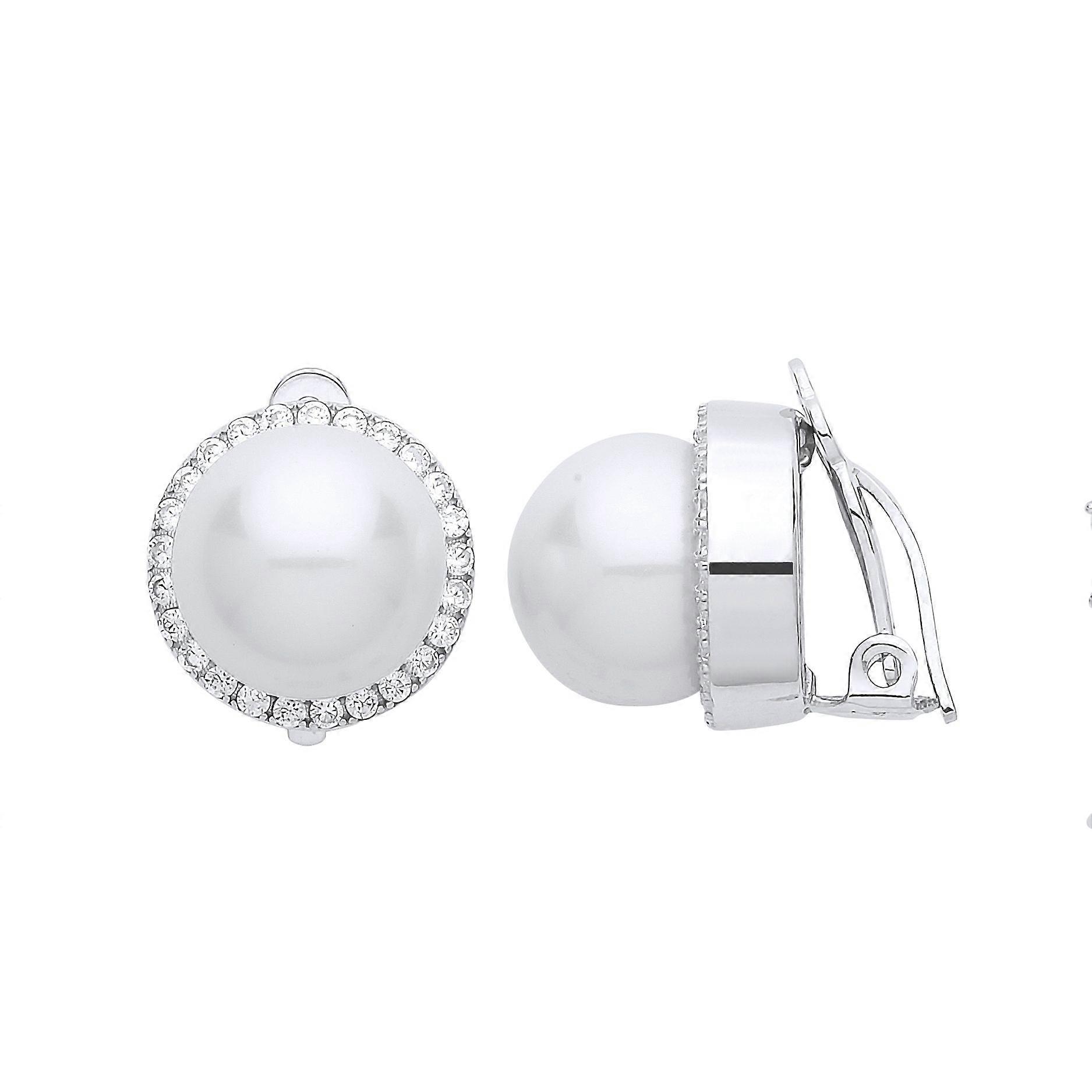 Jewelco London Ladies Sterling Silver Cubic Zirconia & Simulated Pearl Full Moon Halo Clip-on Earrings 12mm