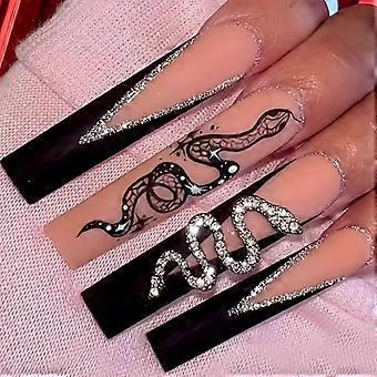 Pink Black Rhinestone Press On Nails with Luxury Snake Design, 24pcs Long Coffin Fake Nails
