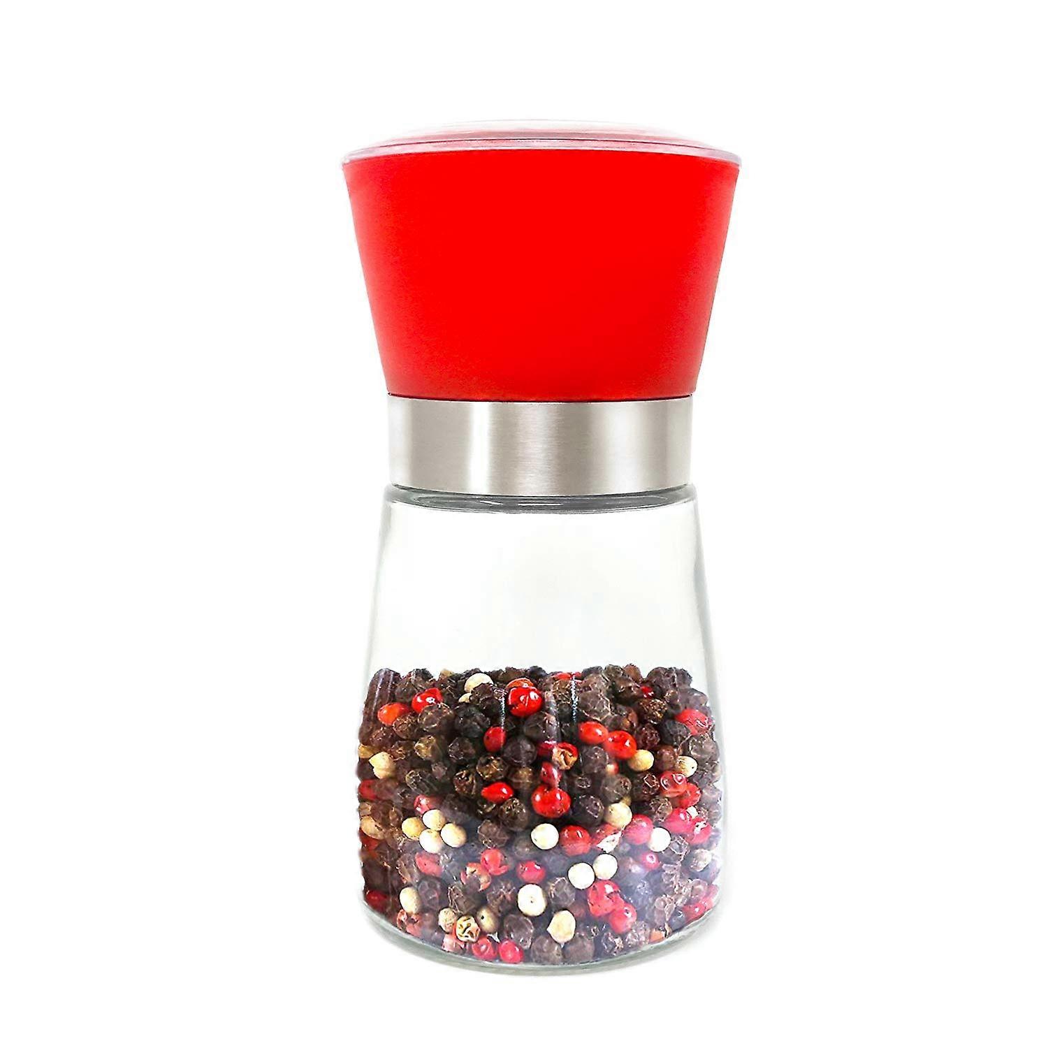 Red Manual Pepper Grinder Mill with Adjustable Levels, Ceramic Core, 180ml Glass for Kitchen