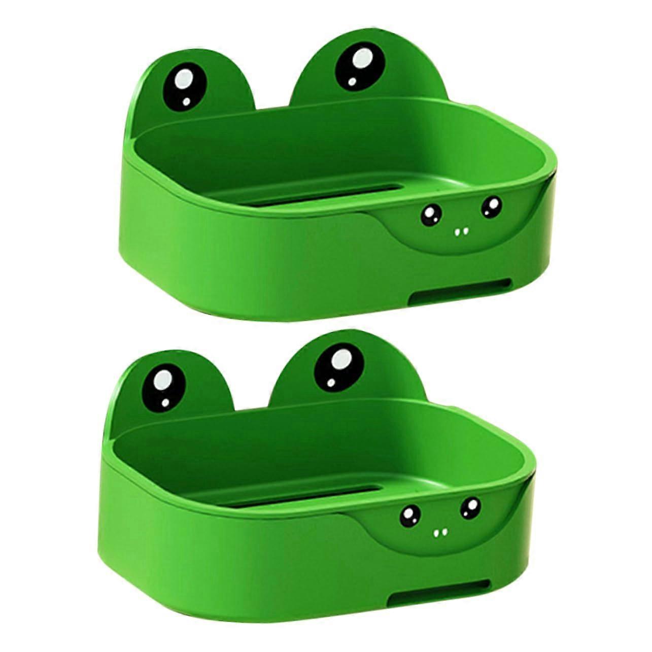 2pcs Wall Mount Soap Dish Cartoon Frog Adhesive Holder with Quick Drain for Bathroom or Kitchen