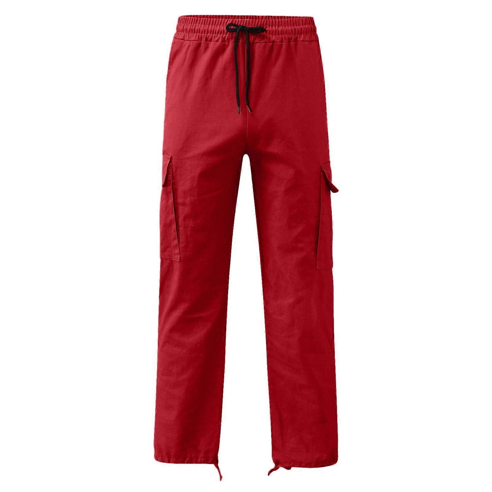 Men Cargo Trousers with Multi Pockets Drawstring Elastic Waist Solid Color Loose Pants for Work