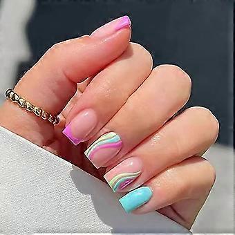 24Pcs Short Square Rainbow Press on Nails - Colorful Rainbow Swirl French Tip Fake Nails/Glossy Rainbow False Nails (Rainbow)