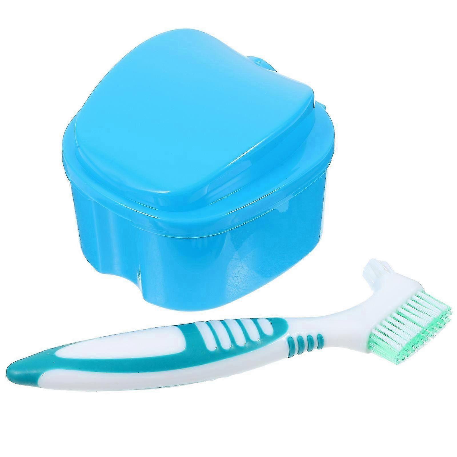 Blue Denture Storage Case, 2Pcs with Brush and Strainer Container